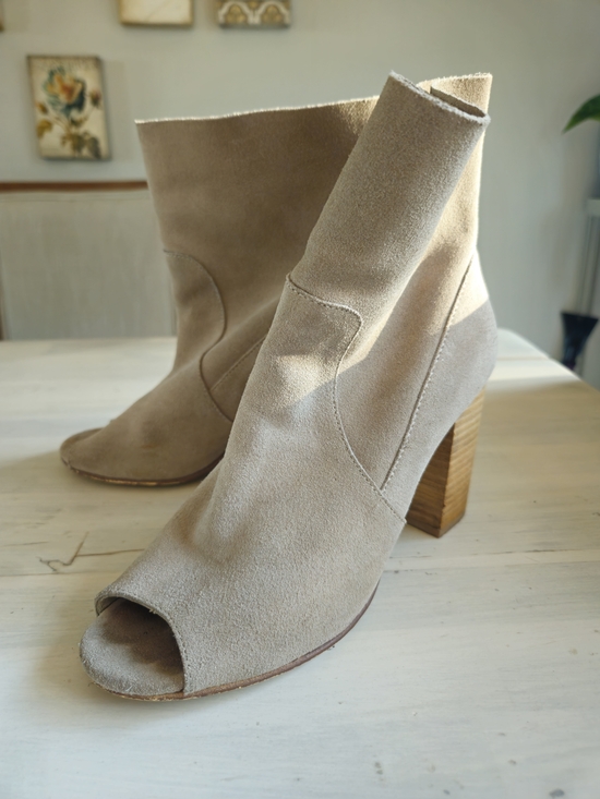 Shoes - Beige Suede Peep-Toe Block Heel Ankle Boots - Women